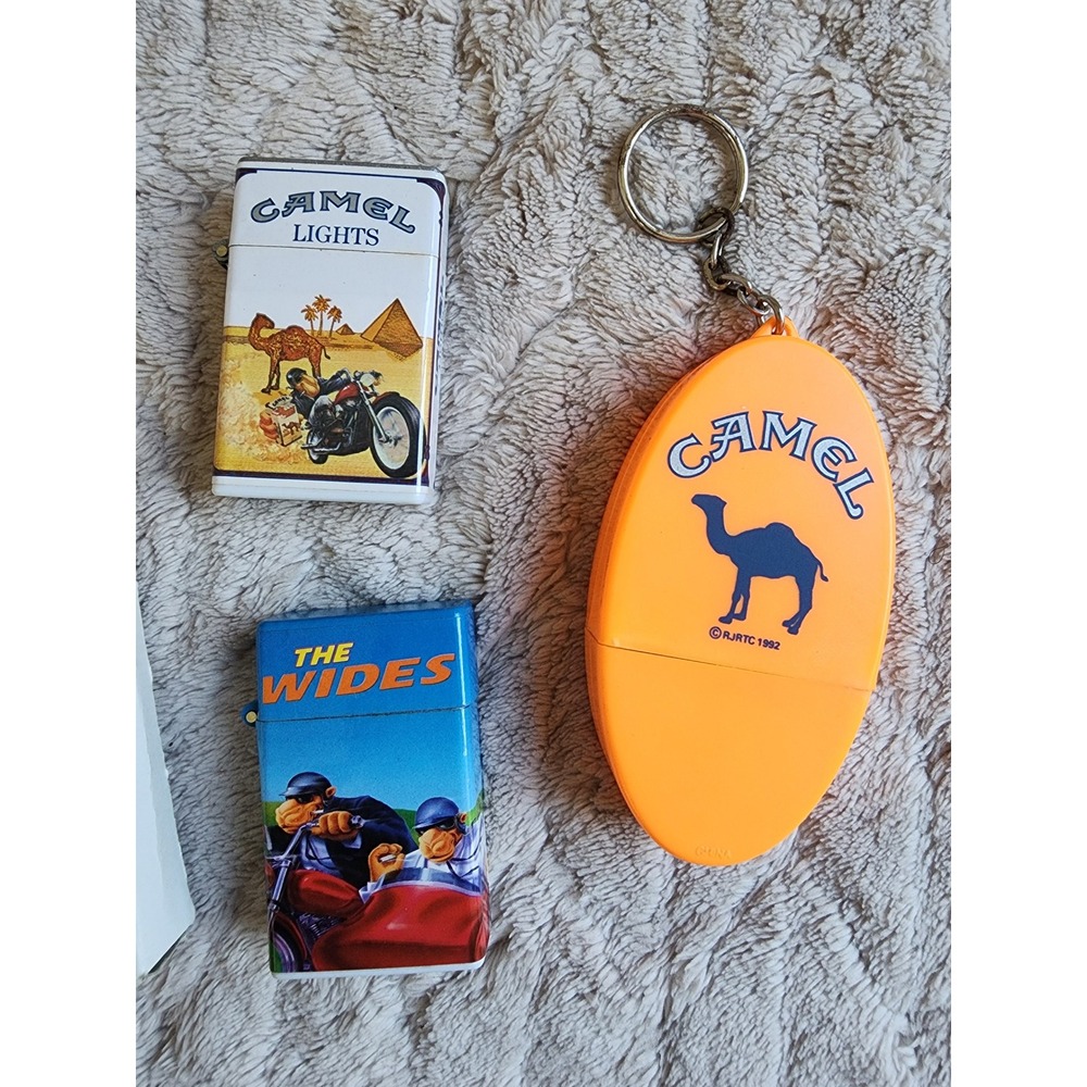 Vintage 1992 Camel Joe Lighter Lot The Wides Lights & Orange Keychain 3pc Set